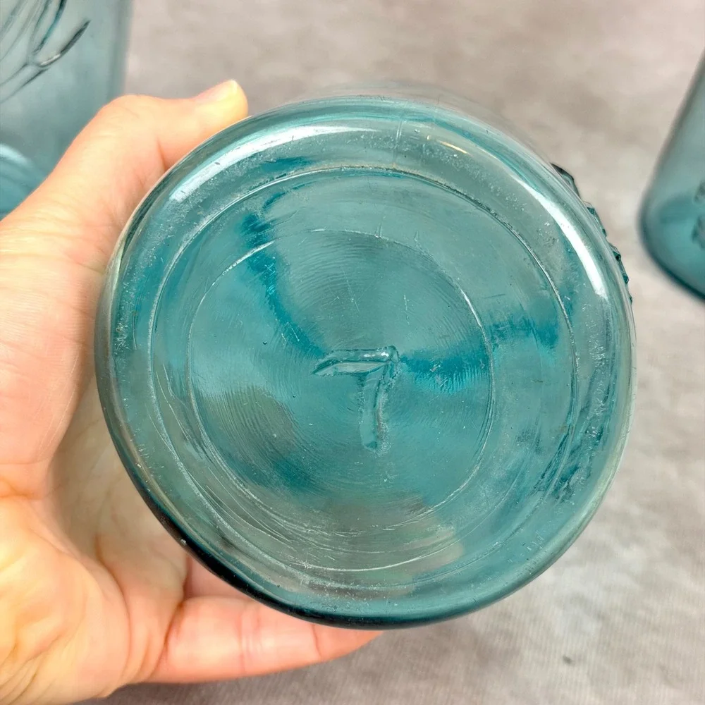 Vintage Ball Perfect Mason Jars Aqua Blue Glass Set of 3 Zinc Lids Antique Decor